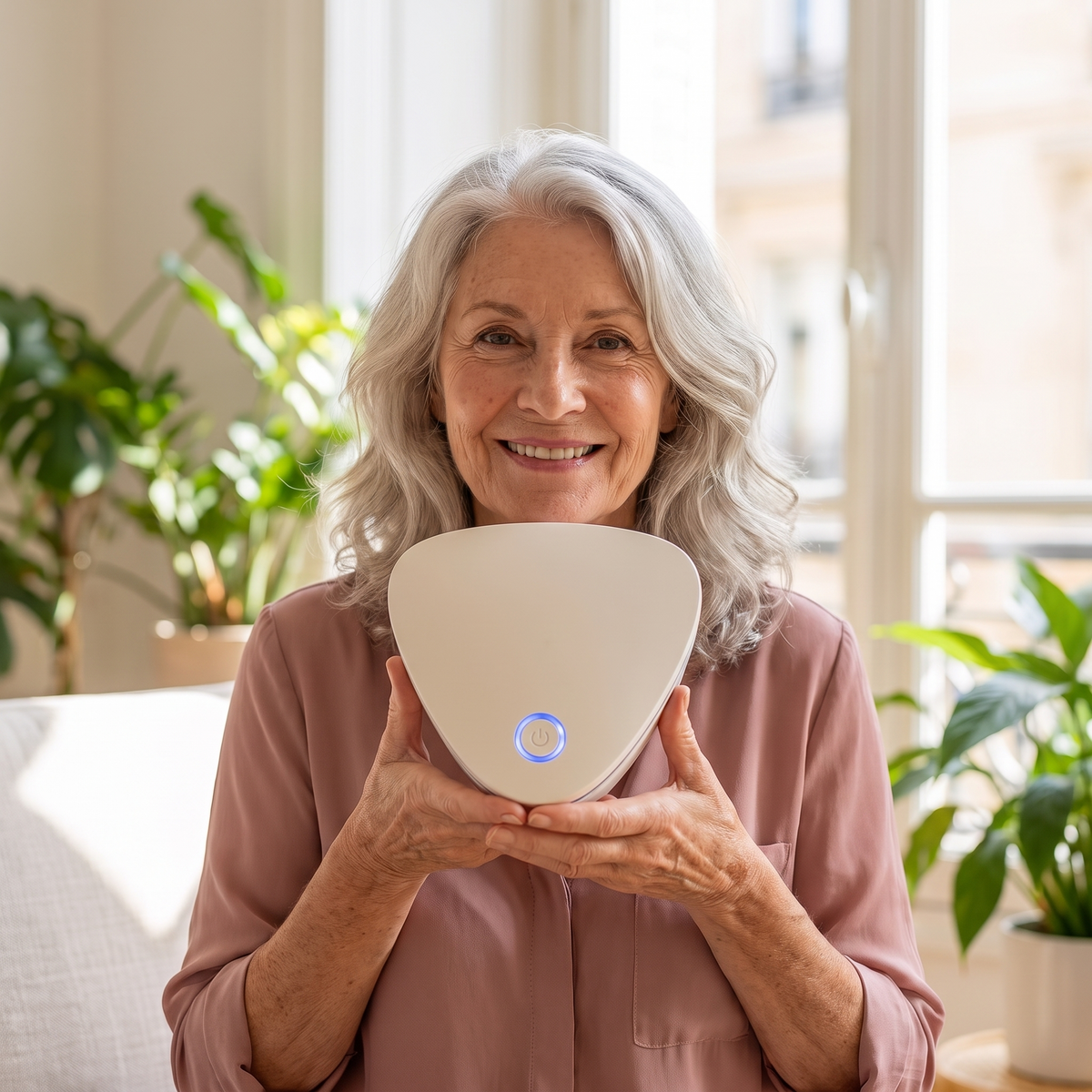 Femme de 70 ans qui présente le purificateur Aerozya dans son salon