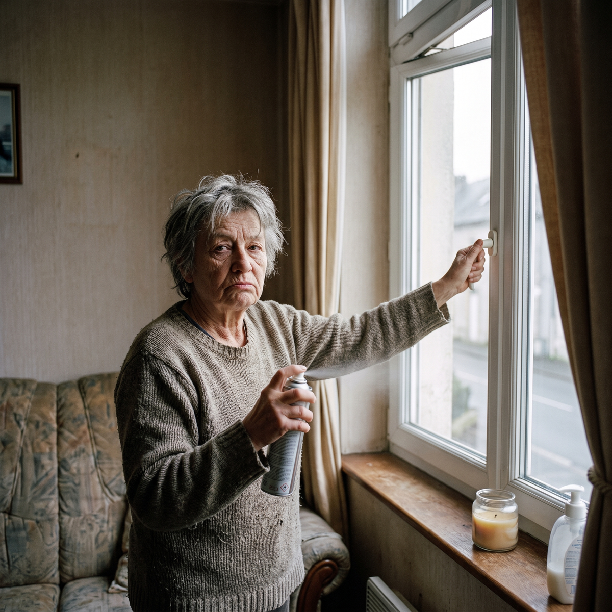 Femme qui ouvre la fenetre avec un desodorisant a la main