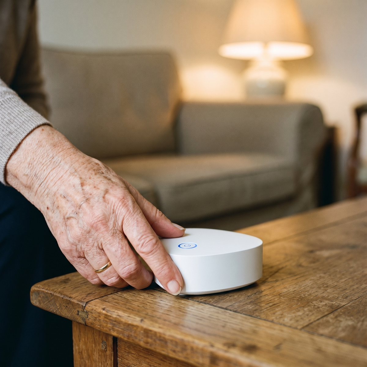 Mains agees qui posent Aerozya sur la table basse et appuient sur le bouton