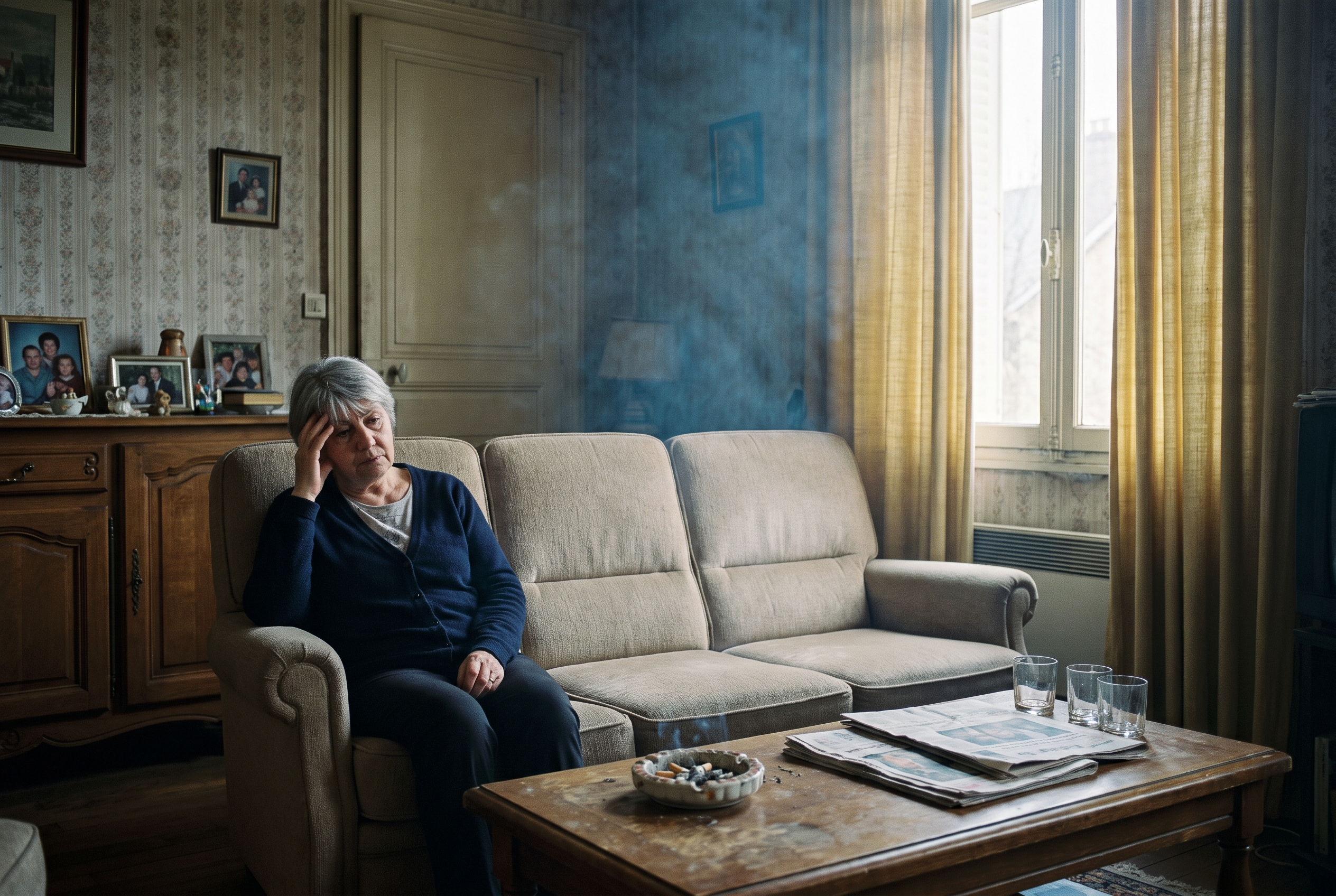 Salon charge d odeur de tabac froid, femme mature fatiguee