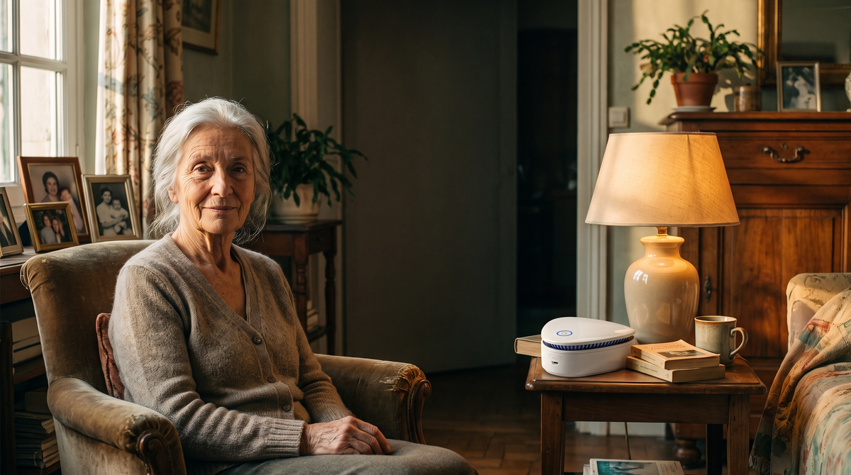 Banniere Notre histoire Aerozya : femme agee dans son salon, le purificateur sur la table d'appoint